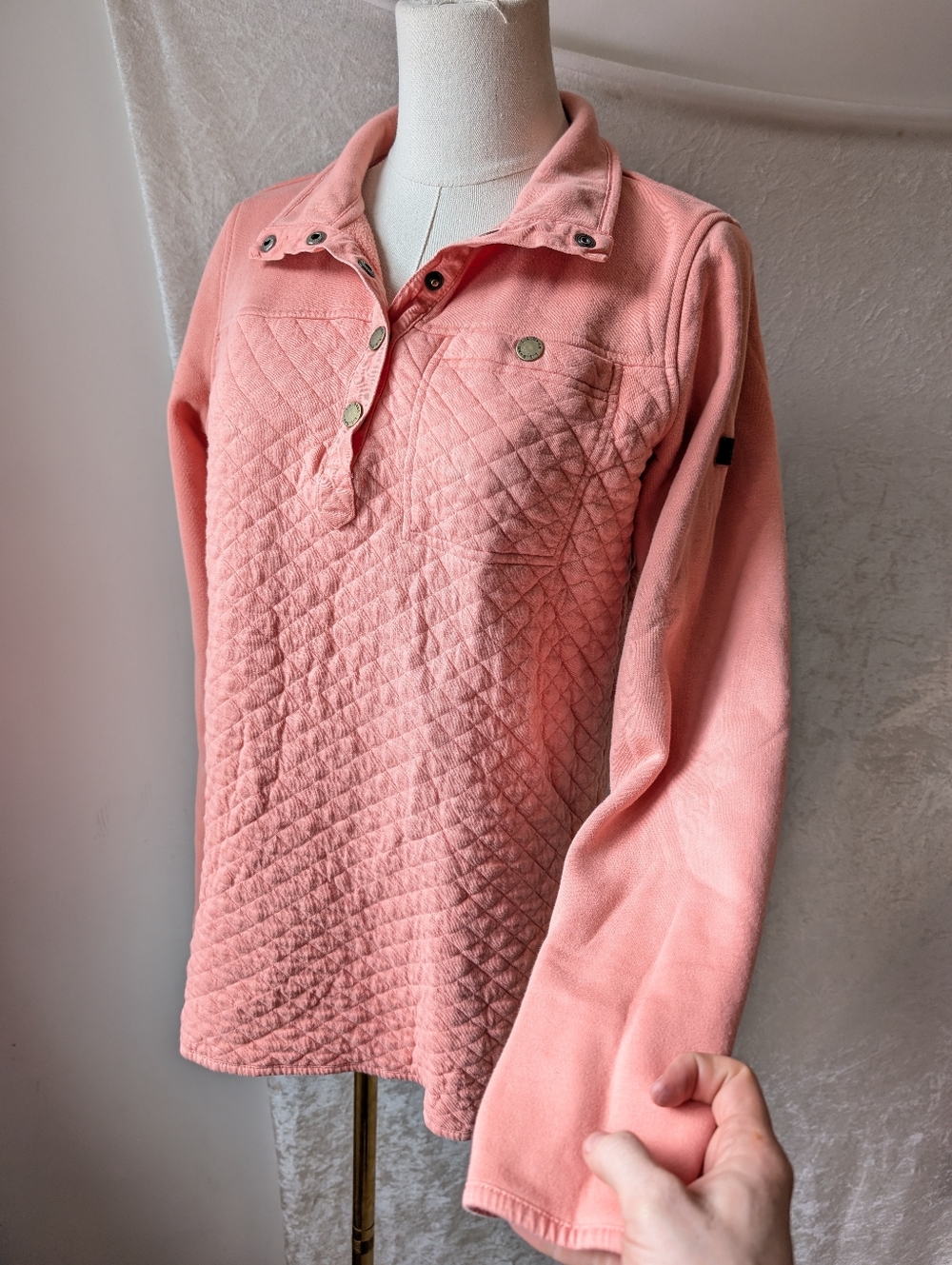 LL Bean Quilted Button-down Henley Sweater Peach Snap Buttons